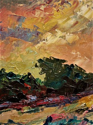 Niet of onleesbaar gesigneerd - Sfeervol expressionistisch "paletmes" olieverf "Zomeravond landschap" kopen? Bied vanaf 1!