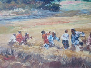 Sujatno Koempoel - Indonesie Landschap werkers op rijstvelden. kopen? Bied vanaf 160!