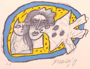 Corneille - Zeefdruk, Chat, femme et oiseau verkocht voor € 80!