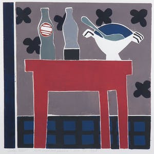 Betty Scheer - Linosnede, Rode tafel met flessen - Ingelijst kopen? Bied vanaf 80!