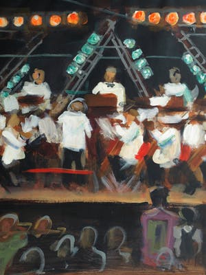 Niet of onleesbaar gesigneerd - Groot , ingelijst acrylverf op doek , Het concert – 1998 - 81 x 111 cm kopen? Bied vanaf 1!