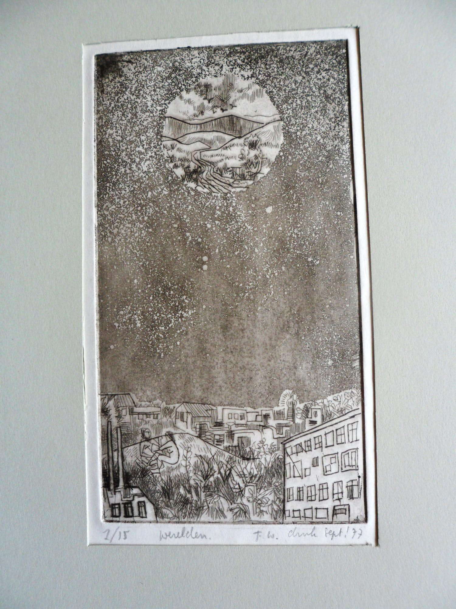 Frits Lindeman - Ets. Titel. Werelden, uit 1977. kopen? Bied vanaf 20!