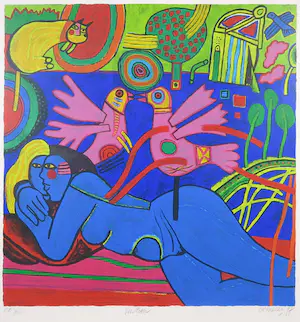 Corneille - Zeefdruk, Compositie met blauwe vrouw - Ingelijst (Groot) kopen? Bied vanaf 250!