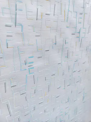 Helene Briels - Geometrisch abstract, geverfd textiel achter bewerkt glas (netjes ingelijst) kopen? Bied vanaf 1!