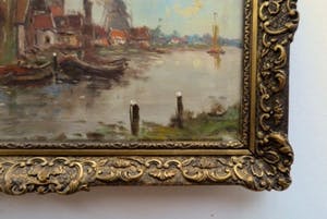 Niet of onleesbaar gesigneerd - Stadsgezicht Singel A'dam met bootjes en Lutherse kerk - Gesigneerd: W. van Dam kopen? Bied vanaf 10!