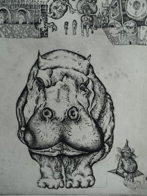 Ab Steenvoorden - Ets , Het Nijlpaard – Surrealistische voorstelling, 1972 - 19½ x 33½ cm kopen? Bied vanaf 35!