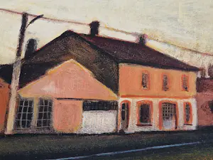 Hilmar Schäfer - verstild, in 1988 geschilderd acrylverf op board "Garage" - prima ingelijst kopen? Bied vanaf 74!