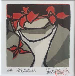 Fon Klement - Les Fleurs - Linosnede - 1992 - ingelijst - 53 x 43 cm - EA verkocht voor € 75!