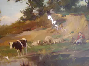 Adrianus Johannes Groenewegen - Koeien, kalf, schapen en boerin in landschap bij waterplasje kopen? Bied vanaf 250!
