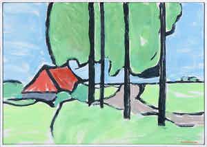 Paul Overhaus - Olieverf op doek, Rood dak - Ingelijst verkocht voor € 80!