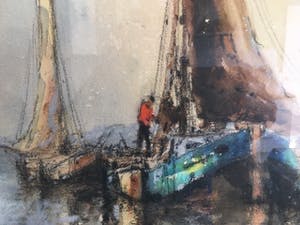 Willem Bos - Poldergezicht met boten - aquarel, houtskool en krijt kopen? Bied vanaf 1!