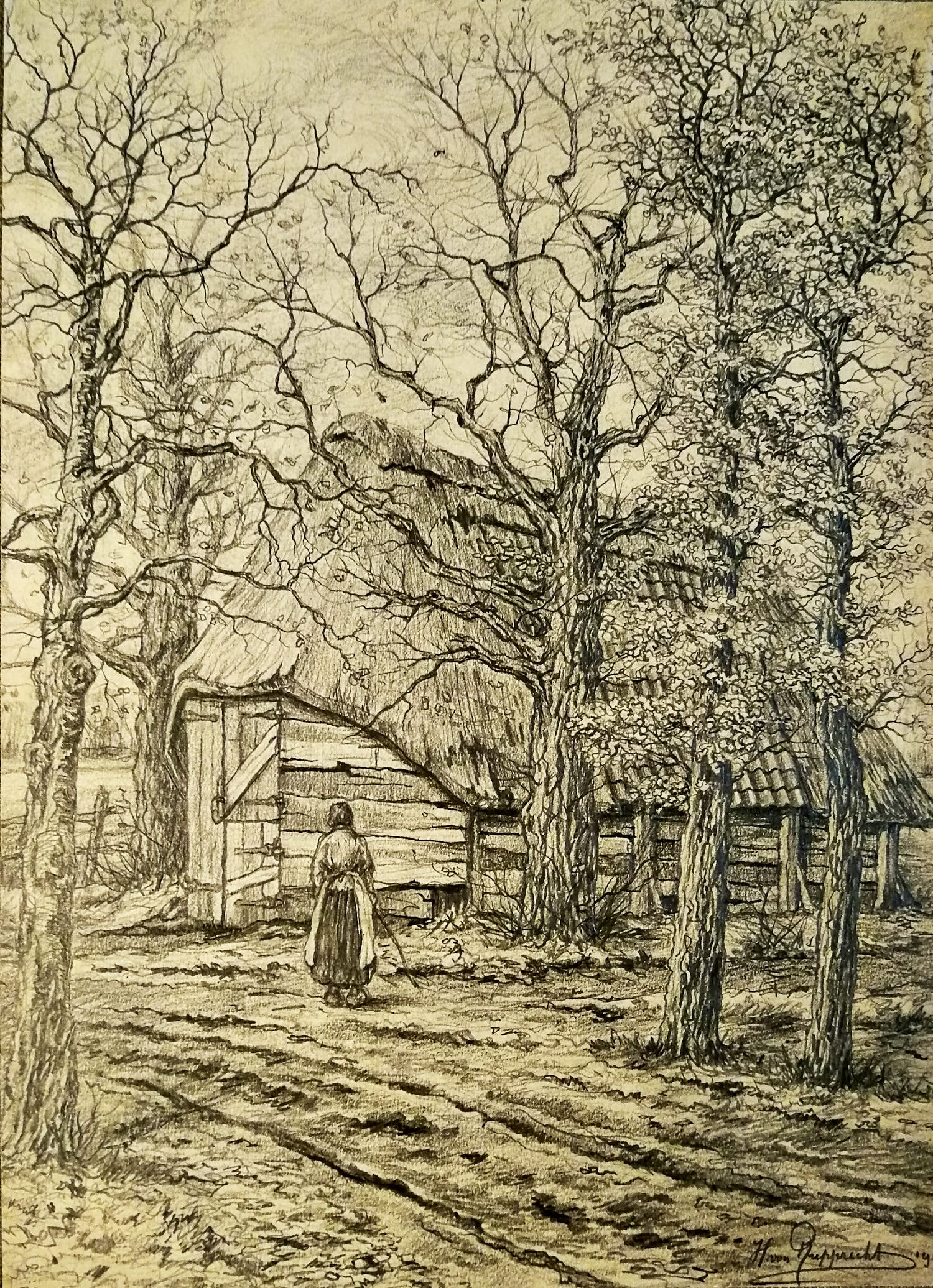 Henri von Rupprecht - Potloodtekening boerderij in bos kopen? Bied vanaf 30!