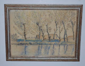 Johan Dionysius Looyen - Landelijke scene aan het water met molens en boerderij - aquarel kopen? Bied vanaf 40!