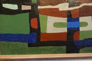 Juul Neumann - Geabstraheerd landschap met rode cirkel kopen? Bied vanaf 300!