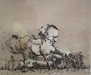 Co Westerik - Ingelijste litho: Aardbei plukkende man - 1972 (mooie lijst!) verkocht voor € 250!