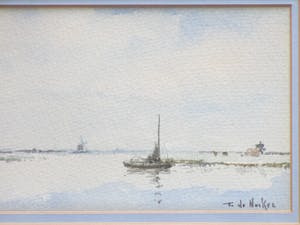 Frans de Nocker - Hollands plasgezicht met boot en molen - Gemengde techniek kopen? Bied vanaf 50!