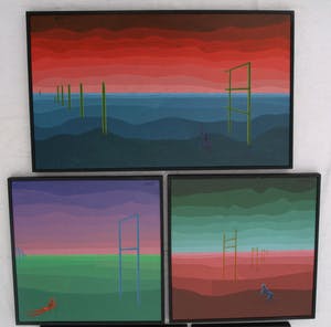 Niet of onleesbaar gesigneerd - Surrealistisch 5-Luik uit 1971 - Acrylverf op board - ingelijst kopen? Bied vanaf 1!