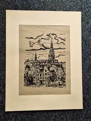 Jan Wiegers - Grote jaren 30 lino-snede 'Amsterdam met Westertoren' potloodgesigneerd verkauft für € 80!