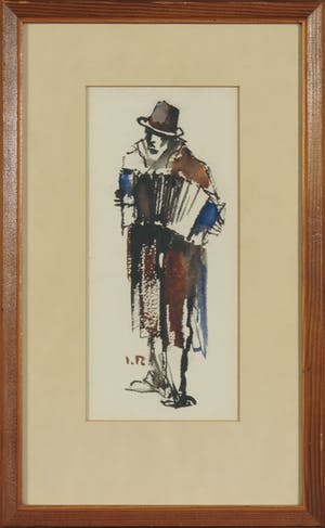 Jan Rijlaarsdam - Inkttekening en aquarel, Man met accordeon - Ingelijst kopen? Bied vanaf 100!