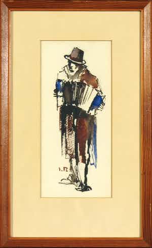 Jan Rijlaarsdam - Inkttekening en aquarel, Man met accordeon - Ingelijst verkocht voor € 100!