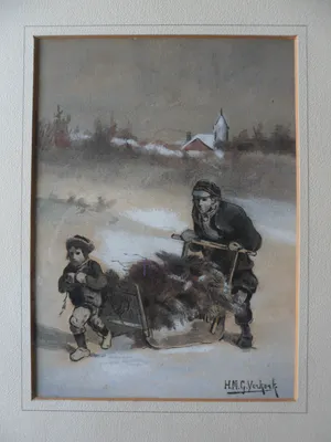 Herman Verkerk - Gemende techniek, Vader en zoon met een slede. kopen? Bied vanaf 25!