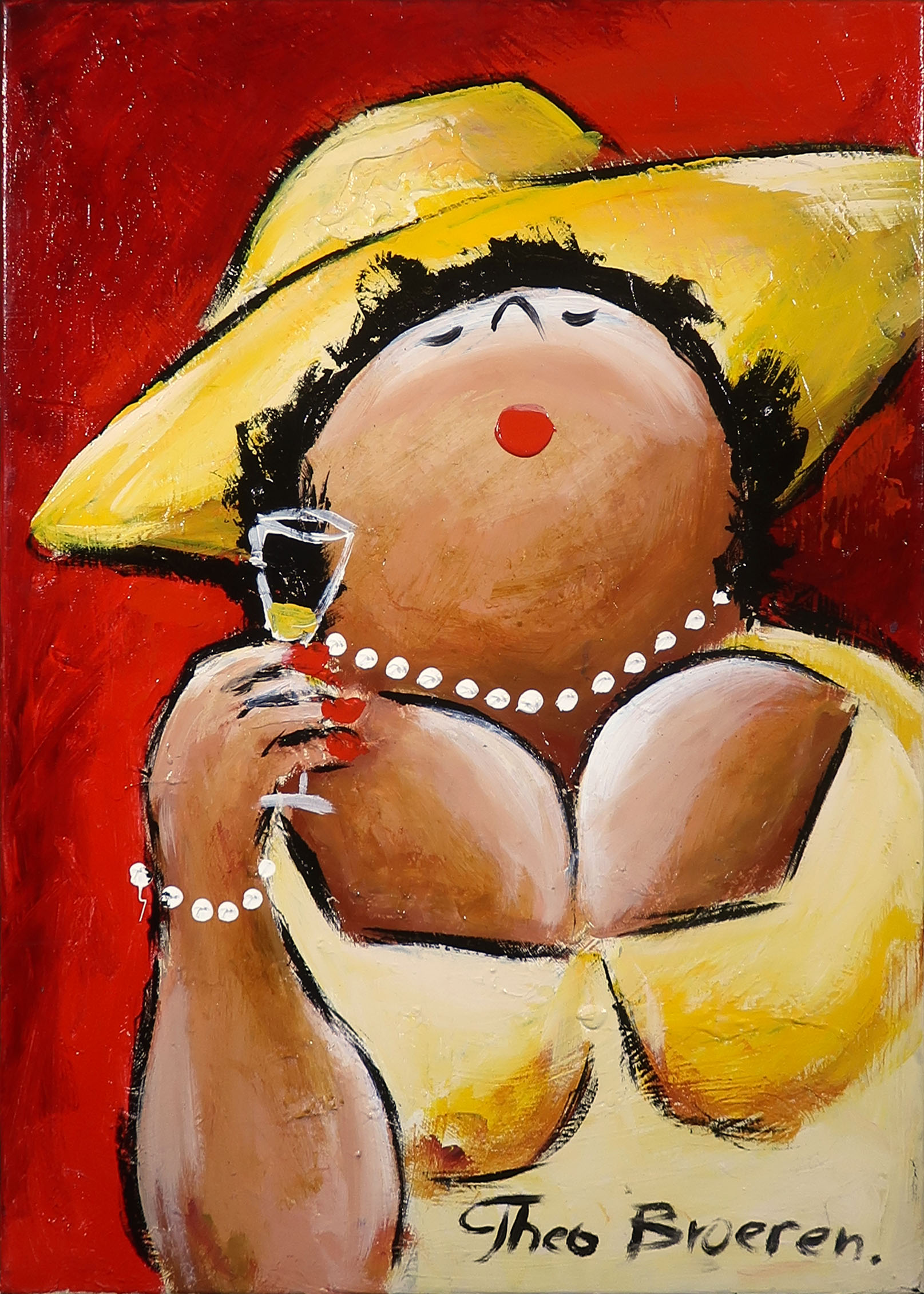 Theo Broeren - Acryl op doek, Dame met glas kopen? Bied vanaf 100!