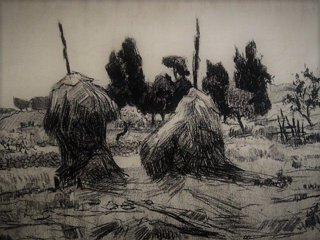 Wil van Dinther - Sterk impressionistisch Houtskool "Brabants landschap met hooimijten" gesigneerd kopen? Bied vanaf 1!