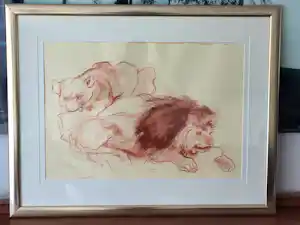 Ru van Rossem - Leeuwenpaar – Sepia krijttekening + gesigneerd boek kaufen? Bieten Sie von 49!