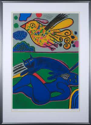 Corneille - Zeefdruk, Le doux félin de l'été - Ingelijst (Groot) verkocht voor € 250!