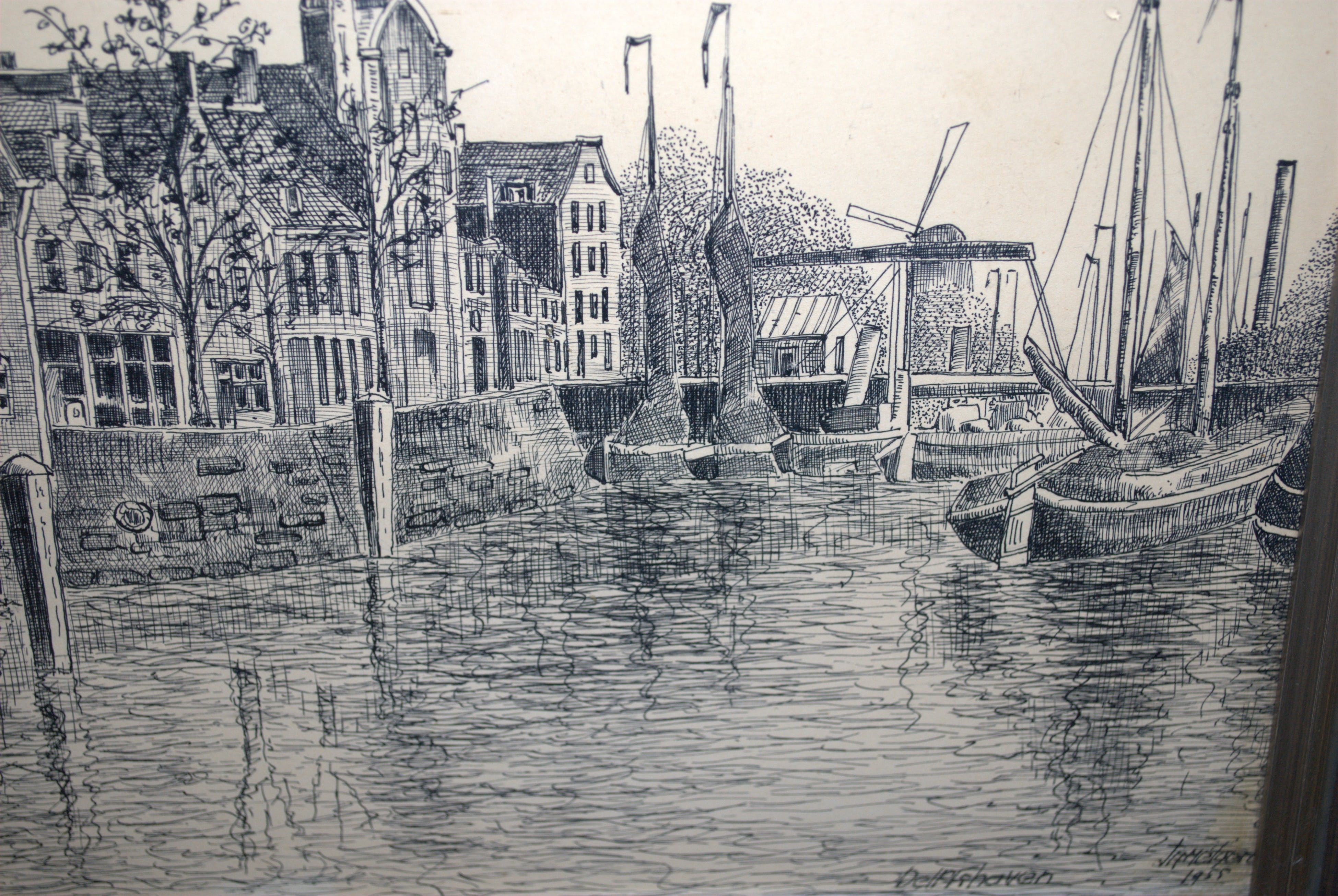 Niet of onleesbaar gesigneerd - pentekening historisch Delfshaven 1955 kopen? Bied vanaf 1!