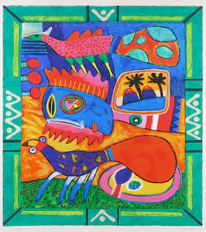 Clemens Briels - Zeefdruk, The floating Islands - Ingelijst kopen? Bied vanaf 70!