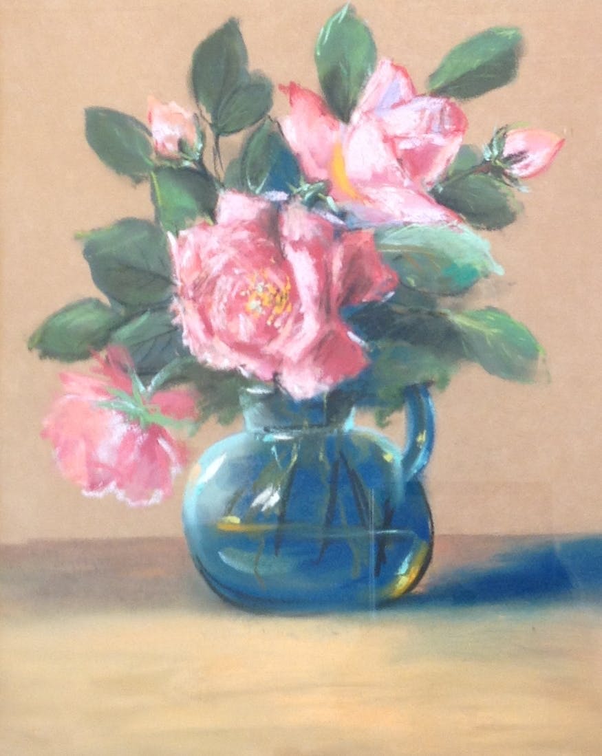 Niet of onleesbaar gesigneerd - blauwe vaas met rozen kopen? Bied vanaf 1!