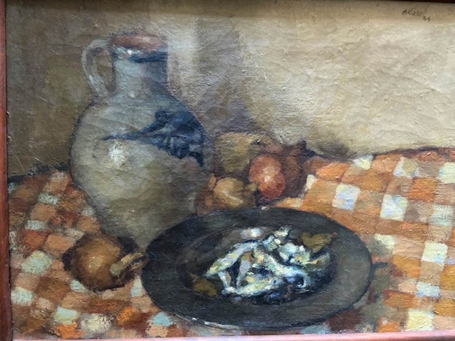 Cornelis Kievit - stilleven met vis, uien en kan kopen? Bied vanaf 85!