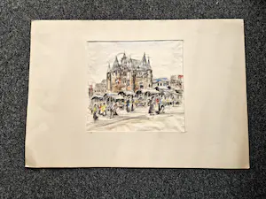 Niet of onleesbaar gesigneerd - Leuke vlot geschilderde jaren 50 Aquarel "Nieuwmarkt Amsterdam" kopen? Bied vanaf 1!