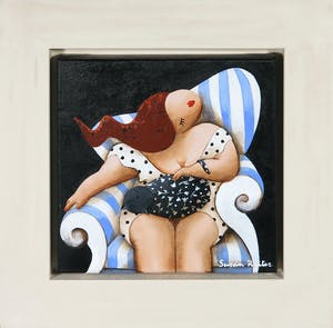 Susan Ruiter - Acrylverf op doek, Z.T. (dame met een poes op een fauteuil) - Ingelijst kopen? Bied vanaf 100!
