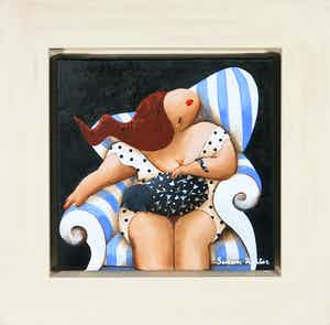 Susan Ruiter - Acrylverf op doek, Z.T. (dame met een poes op een fauteuil) - Ingelijst verkocht voor € 100!
