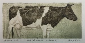 Han van Hagen - Dubbele kleurets/aquatint met koeien | Grottekening & Melkunie prent kopen? Bied vanaf 49!
