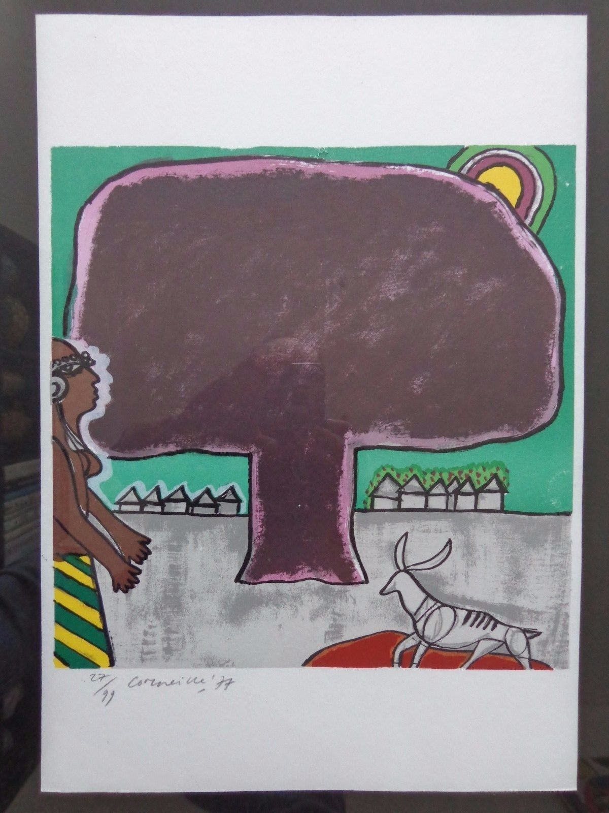 Corneille - GROTE BOOM MET VROUW / KLEURLITHO / 77x57cm / KADER / SIG kopen? Bied vanaf 80!