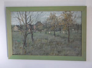 Henk Munnik - boomgaard in (Frans) dorp - olieverf 1984 kopen? Bied vanaf 35!