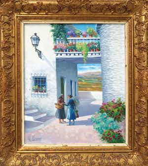 Joan Vila i Moncau - Olieverf op doek, Pueblo - Ingelijst verkocht voor € 1!