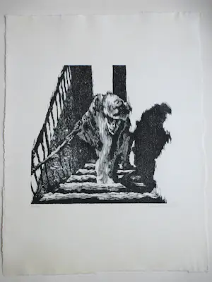 Herman Gordijn - Schimmige figuur op een trap - Houtsnede kopen? Bied vanaf 150!