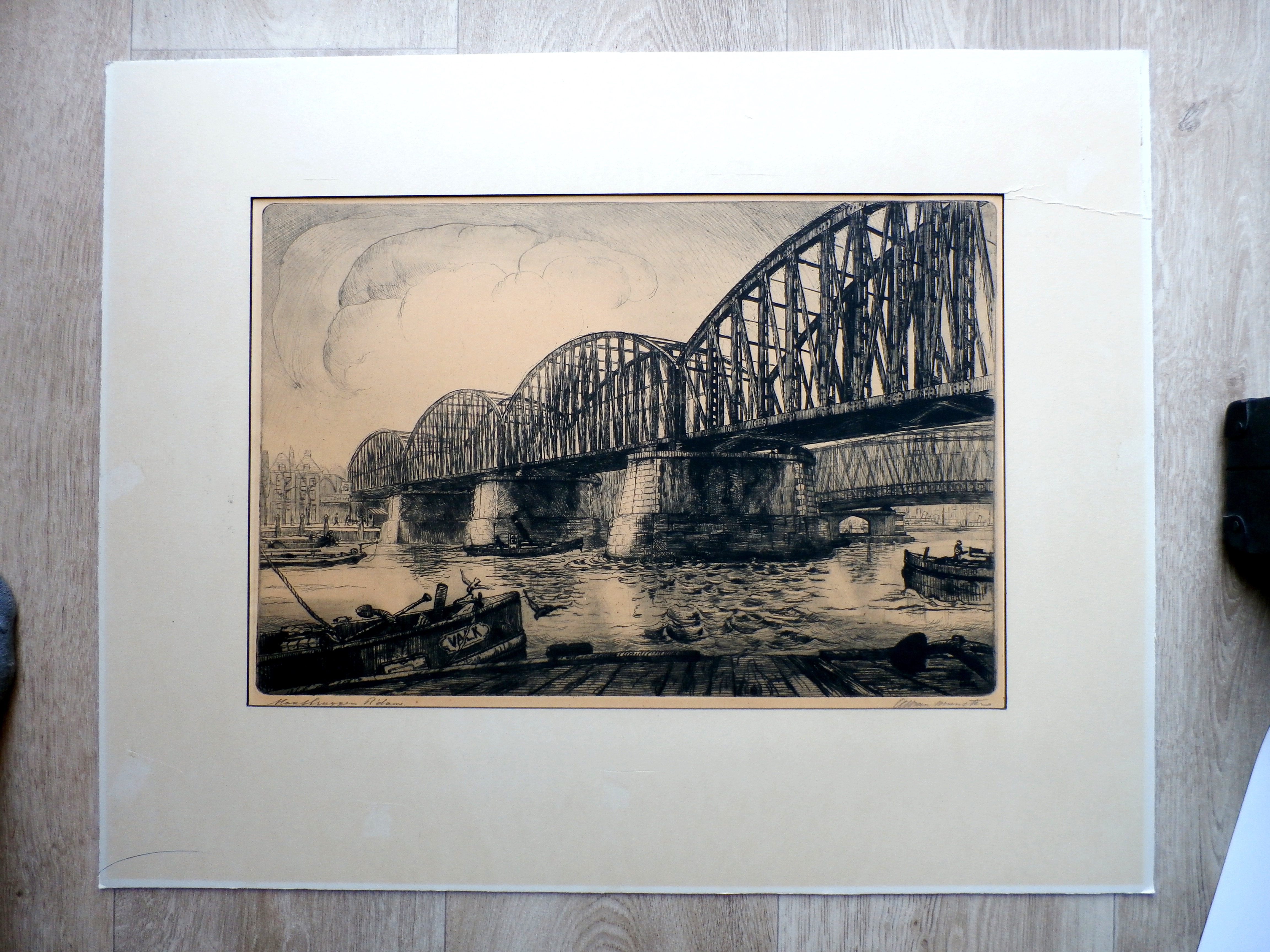 A.W. van Munster - ets - Maasbruggen Rotterdam - 1925 kopen? Bied vanaf 25!