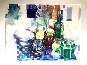 Anthonie Mandos - Stilleven met geblokte doek - Aquarel kopen? Bied vanaf 160!