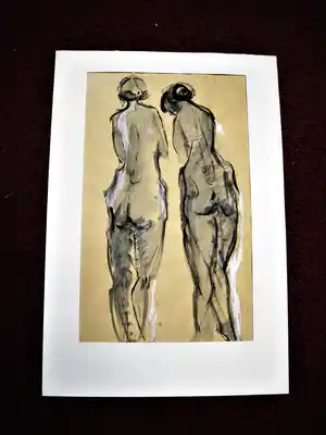 Anton Voorzanger - Fraaie impress. Aquarel 2 dames - staand ruggelings naakt - gesigneerd vendu pour 59€ !