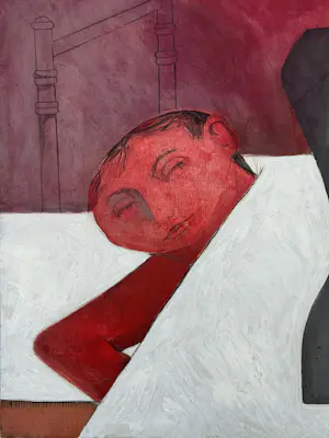 Robert Detheux - Der Schläfer und die Schaufensterpuppe – Großes surrealistisches Gemälde aus dem Jahr 1957 kopen? Bied vanaf 800!