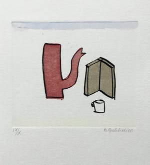 Klaas Gubbels - ets met aquarel ingekleurd - ‘Rode kan met boek’ kopen? Bied vanaf 245!