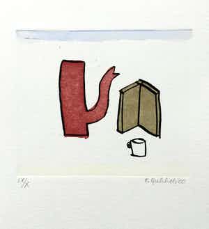 Klaas Gubbels - ets met aquarel ingekleurd - ‘Rode kan met boek’ verkocht voor € 245!