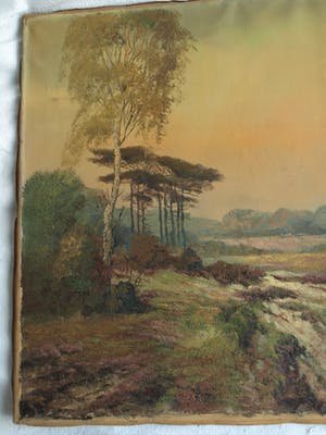 Lambertus de Jong - Olieverfverf op doek , Landschap met heide – 1956 – spieraam 60 x 80 cm. kopen? Bied vanaf 1!