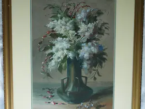 Niet of onleesbaar gesigneerd - Ingelijste aquarel , Bloemen in groene vaas – Herkent u de signatuur? kopen? Bied vanaf 1!