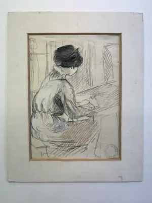 Leo Gestel - De vrouw van de kunstenaar aan het tekenen - met atelierstempel kopen? Bied vanaf 240!